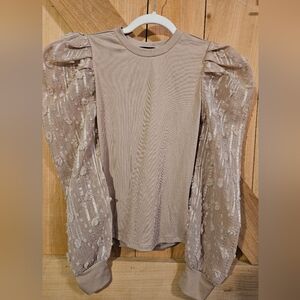 SHEIN Taupe Ribbed Top with Sheer Puff Sleeves